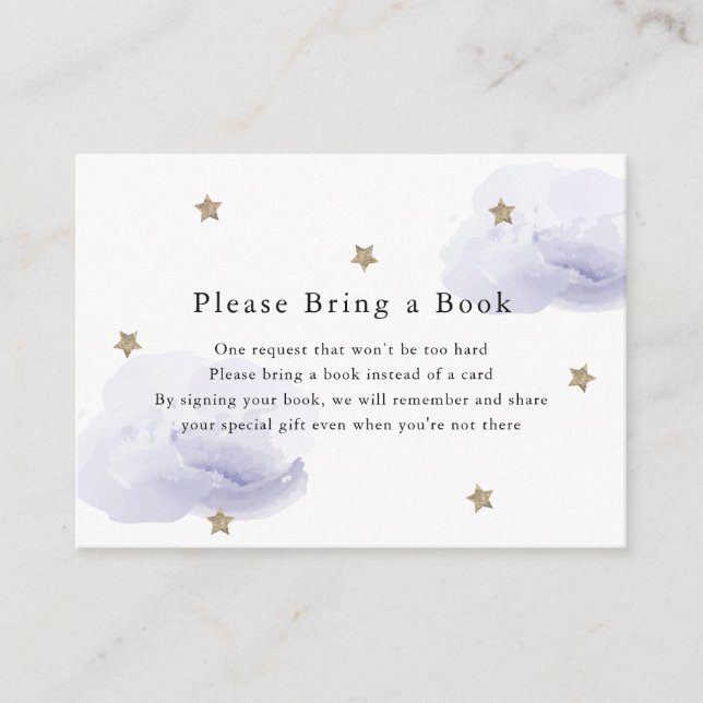 Gold Stars Lavender Clouds Please Bring a Book Enclosure Card (Front)