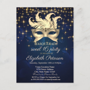 Gold Stars,Masque,Navy Blue Sweet 16 Invitation Postcard