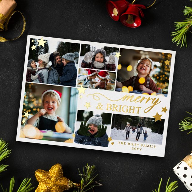 Gold Stars Merry & Bright 7 Photos Foil Holiday Card (Creator Uploaded)