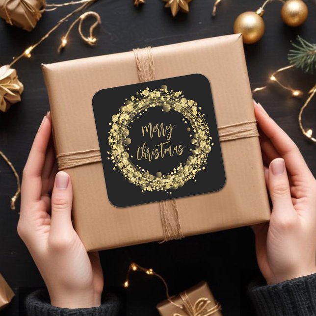 Gold Stars Merry Christmas Square Sticker (Merry Christmas twinkling gold stars square stickers)