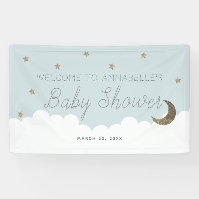 Gold Stars & Moon Blue Baby Shower Banner (Horizontal)