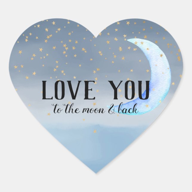 Gold Stars Moon Blue Ombre Heart Sticker (Front)
