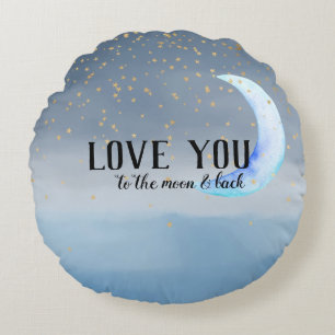 Gold Stars Moon Blue Ombre Round Cushion