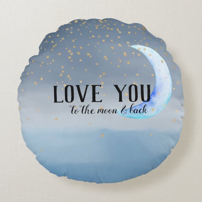 Gold Stars Moon Blue Ombre Round Cushion (Front)