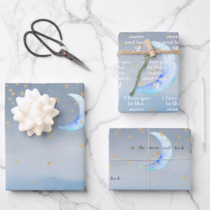 Gold Stars Moon Blue Ombre Wrapping Paper Sheet