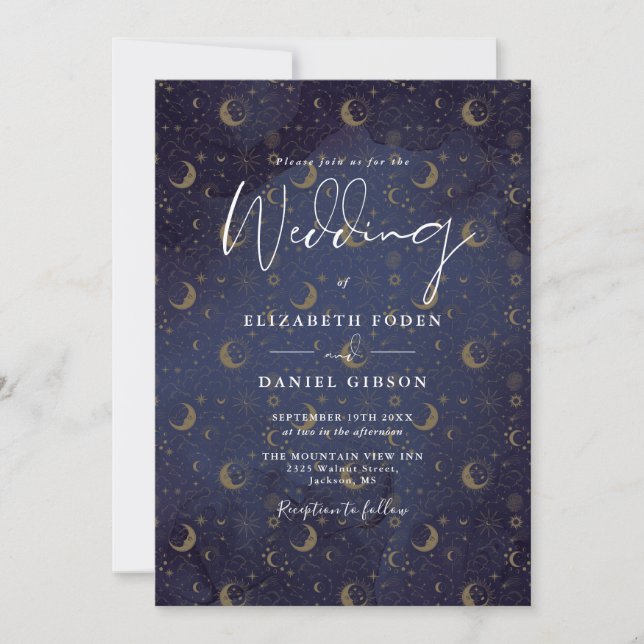 Gold Stars Moon Celestial QR Code Wedding Invitation (Front)