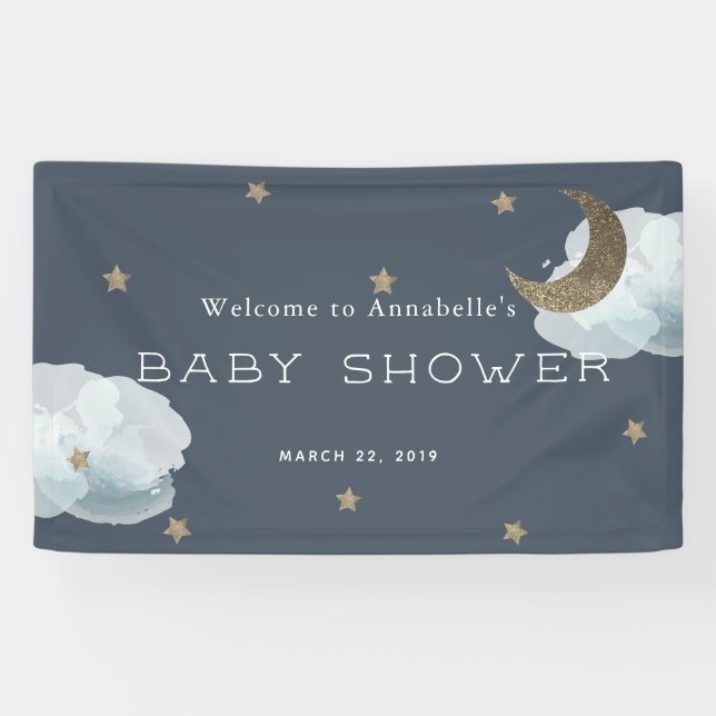 Gold Stars Moon Cloud Navy Blue Baby Shower Banner (Horizontal)