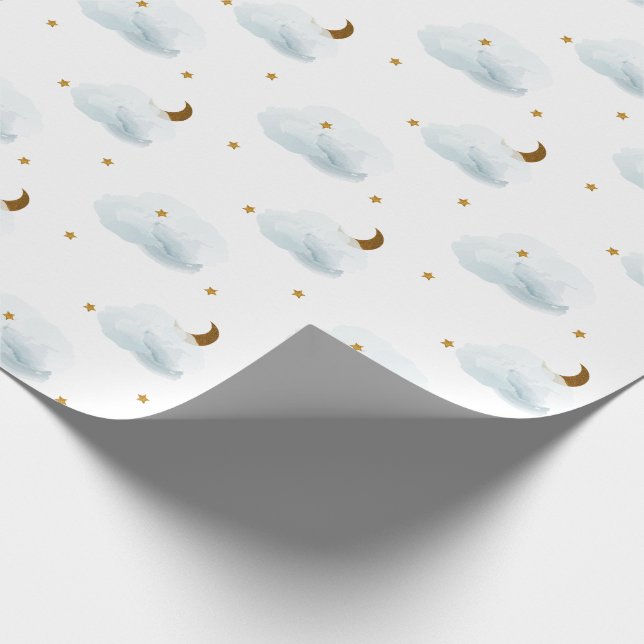 Gold Stars, Moon, & Fluffy Clouds Wrapping Paper (Corner)