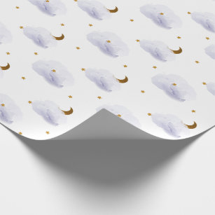 Gold Stars, Moon, & Fluffy Lavender Clouds Wrapping Paper