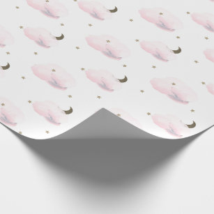 Gold Stars, Moon, & Fluffy Pink Clouds Wrapping Paper