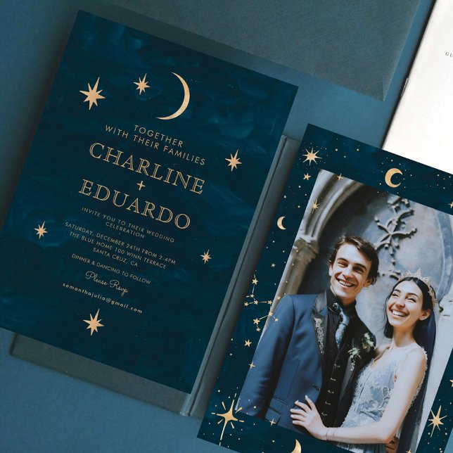Gold Stars Moon Indigo Celestial Photo Wedding Invitation (Creator Uploaded)