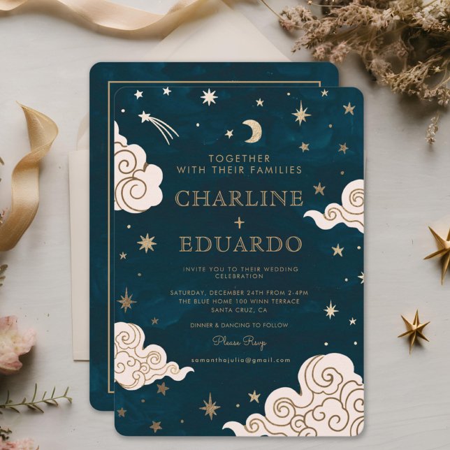 Gold Stars Moon Indigo Celestial Qr Code Wedding Invitation (Creator Uploaded)