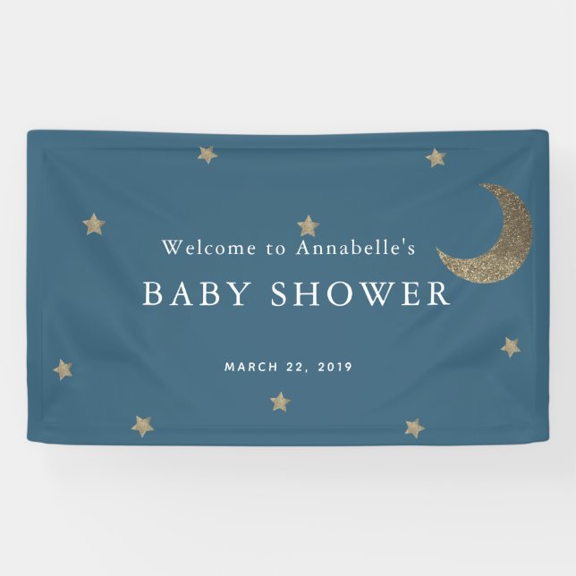 Gold Stars & Moon Navy Blue Baby Shower Banner (Horizontal)