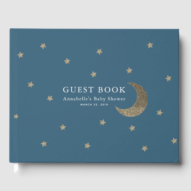 Gold Stars & Moon Navy Blue Baby Shower Guest Book (Front)