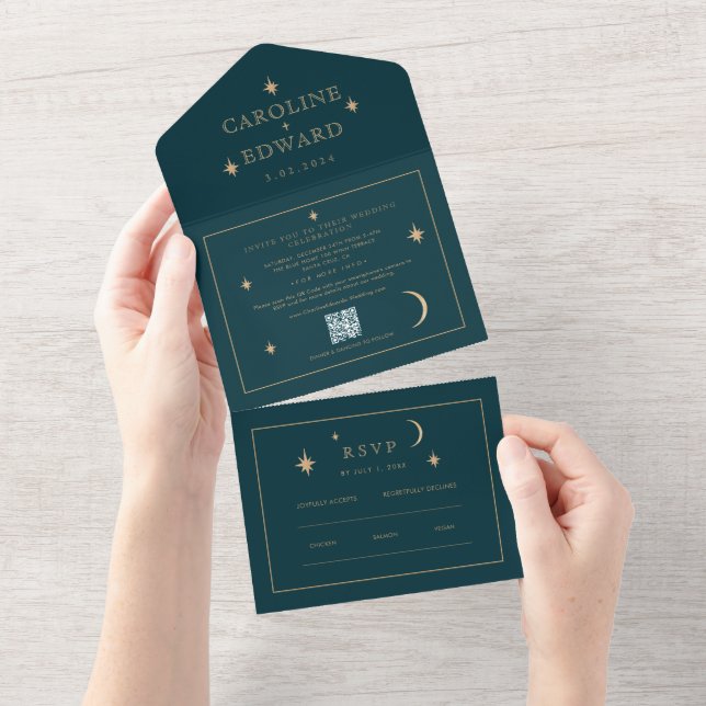 Gold Stars Moon Navy Celestial All in One Wedding  All In One Invitation (Tearaway)