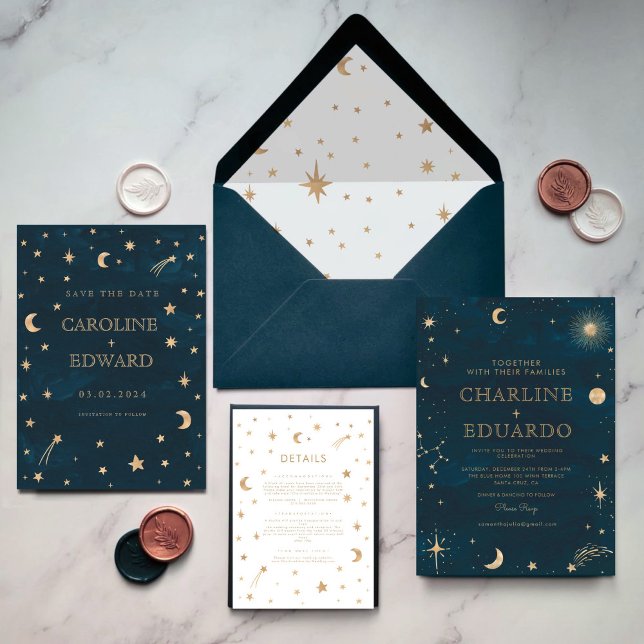 Gold Stars Moon Navy Celestial All in One Wedding Invitation (Creator Uploaded)