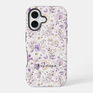 Gold Stars Moon Purple Flowers iPhone 16 Case