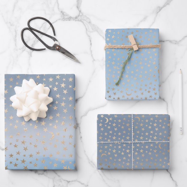 Gold Stars Moons Blue Ombre Wrapping Paper Sheet (Front)