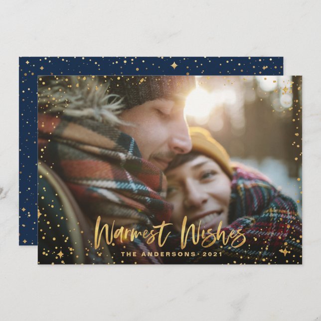 Gold stars navy blue Christmas 1 photo modern Holiday Card (Front/Back)