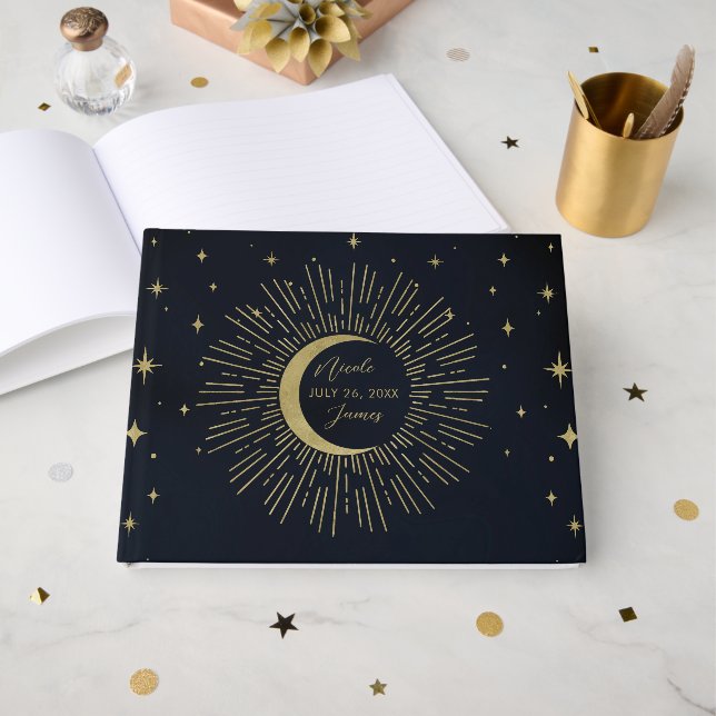 Gold Stars Night Celestial Sunburst Moon Guest Book (Front Open)