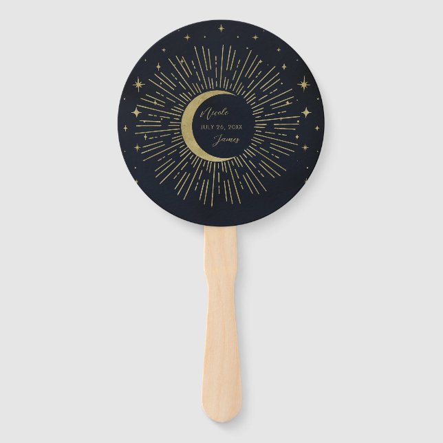 Gold Stars Night Celestial Sunburst Moon Hand Fan (Front)