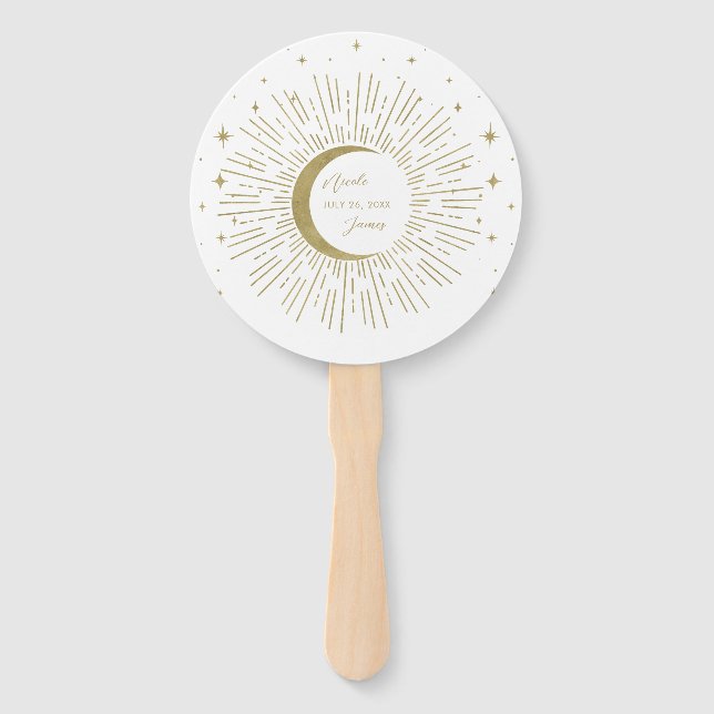 Gold Stars Night Celestial Sunburst Moon Hand Fan (Front)