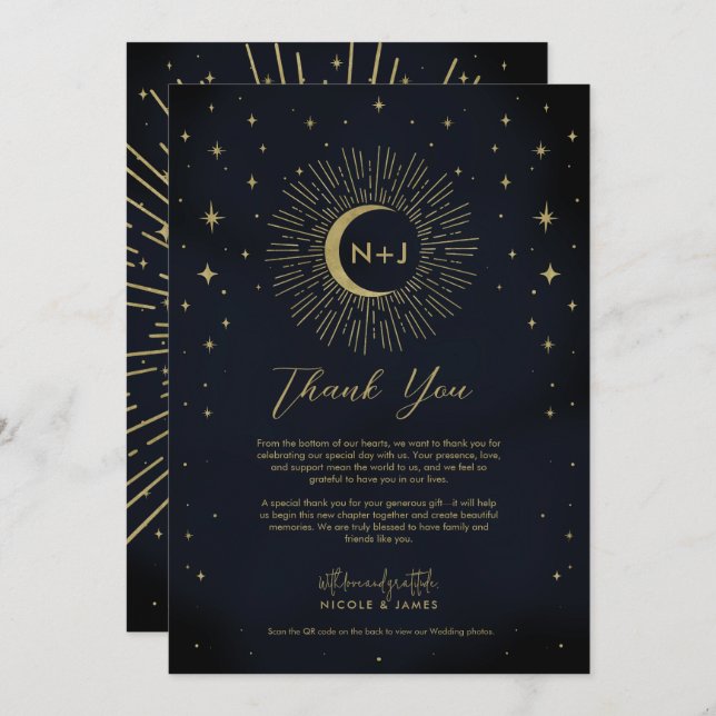 Gold Stars Night Celestial Sunburst Moon Thank You Invitation (Front/Back)