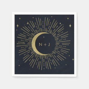 Gold Stars Night Celestial Sunburst Moon Wedding Napkin