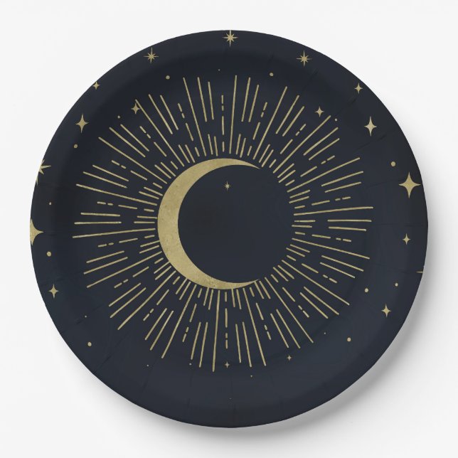 Gold Stars Night Celestial Sunburst Moon Wedding Paper Plate (Front)