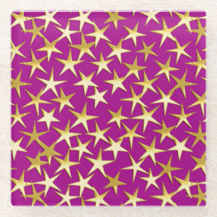 Gold stars on amethyst purple glass coaster
