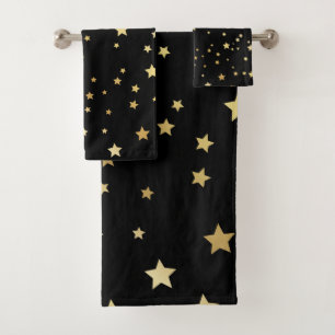 Gold Stars on Black Background Bath Towel Set