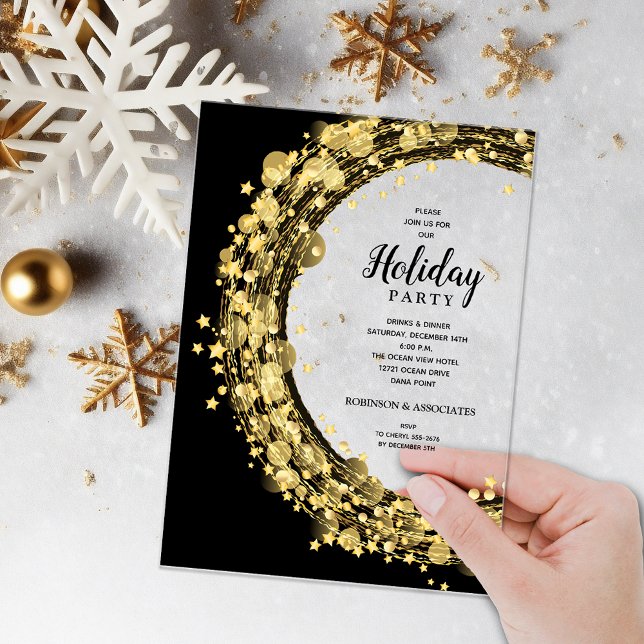Gold Stars on Black Christmas Holiday Acrylic Invitations (Gold twinkling stars on black ACRYLIC Christmas Holiday party invitations)