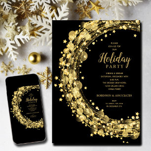 Gold Stars on Black Christmas Holiday Invitation