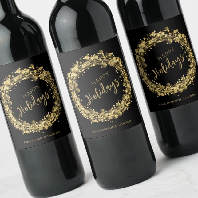 Gold Stars on Black Happy Holidays Wine Label (Creator Uploaded)