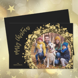 Gold Stars on Black Merry Christmas Holiday Card