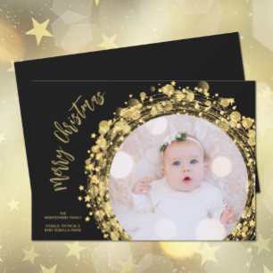 Gold Stars on Black Merry Christmas Holiday Card