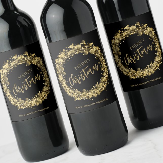 Gold Stars on Black Merry Christmas Wine Label (Creator Uploaded)
