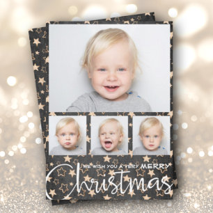 Gold Stars on Black Multiple Photo Christmas Holiday Card