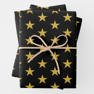 Gold Stars on Black Wrapping Paper Sheet