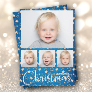 Gold Stars on Blue Multiple Photo Christmas Holiday Card