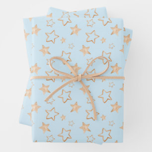Gold Stars on Blue Wrapping Paper Sheet