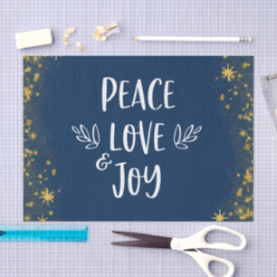 Gold Stars on Dark Blue Christmas Peace Love Joy Tissue Paper
