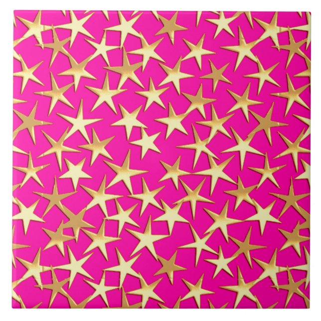 Gold stars on fuchsia pink ceramic tile (Front)