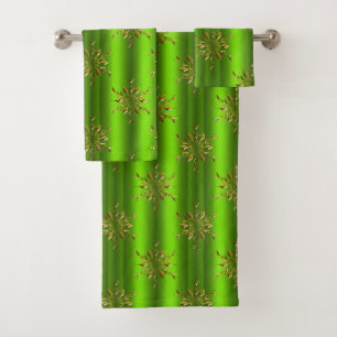 Gold Stars on Green Christmas Bath Towel Set