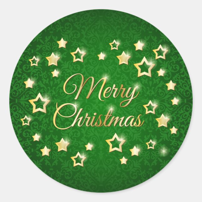 Gold stars on green damask Merry Christmas Classic Round Sticker (Front)