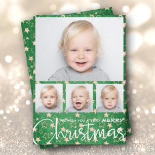 Gold Stars on Green Multiple Photo Christmas Holiday Card