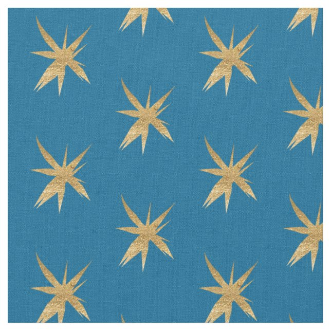 Gold Stars on Medium blue Fabric (Close Up)