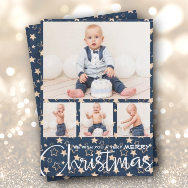 Gold Stars on Navy Blue Multiple Photo Christmas Holiday Card (Creator Uploaded)