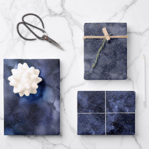 Gold Stars on Navy Night Sky Wrapping Paper Sheet