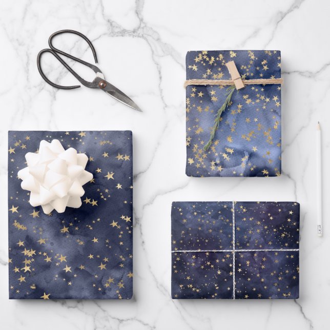 Gold Stars on Navy Night Sky  Wrapping Paper Sheet (Front)